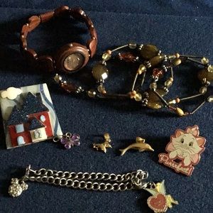 Jewelry lot wooden watch gold dolphins disney pins